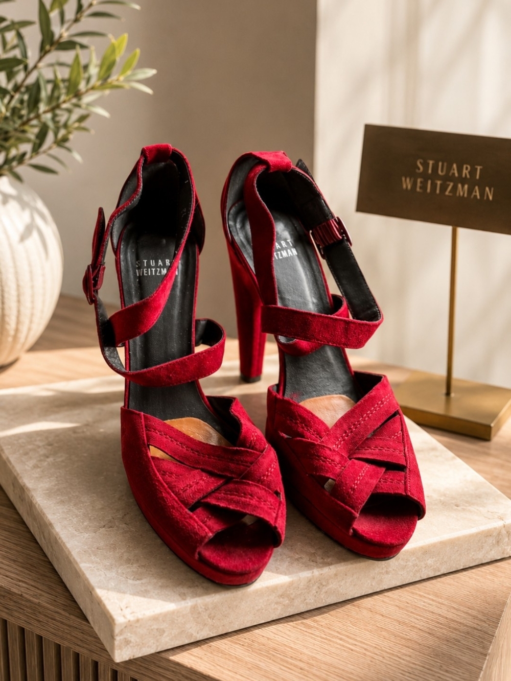 Stuart Weitzman Women’s Red Velvet Strappy Platform Heels